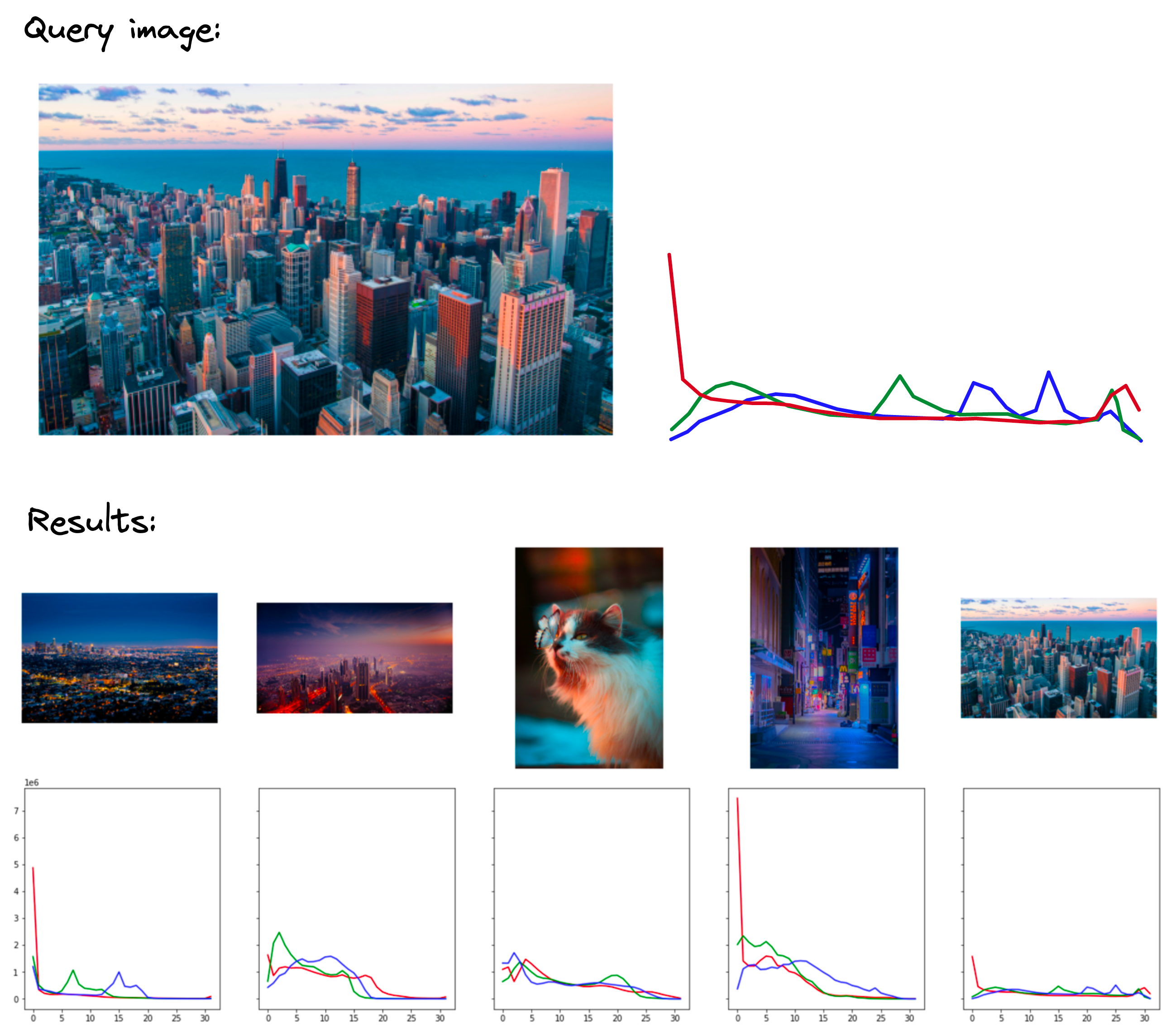 Using the top query image we return the top five most similar images (including the same image) based on their color profiles.