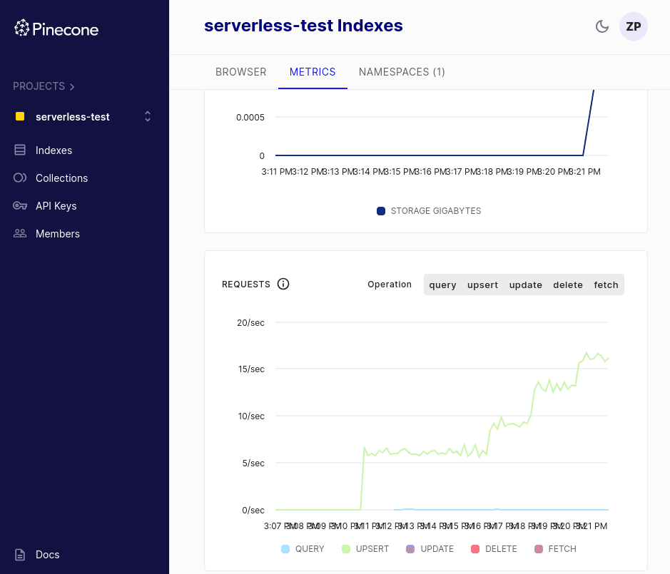 Pinecone dashboard metrics
