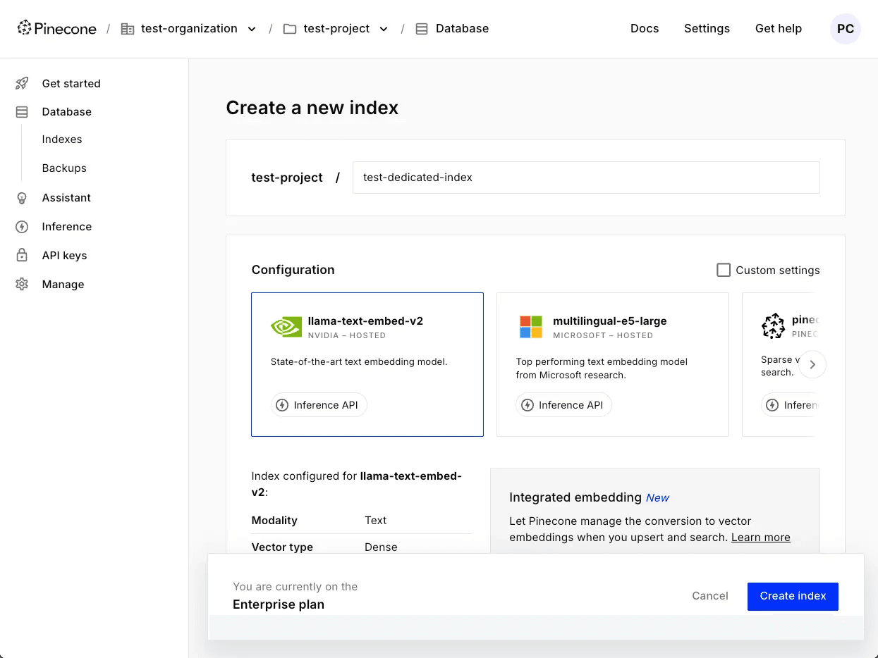 The Create a new index screen in the Pinecone console