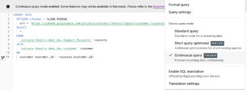 Configuring a continuous query in BigQuery