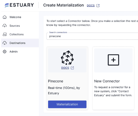 Creating a new Pinecone materialization in Estuary Flow