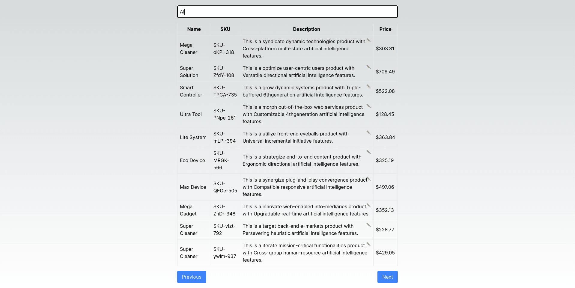 The frontend table view UI