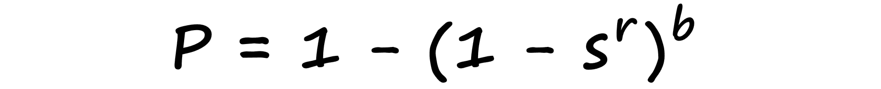 Probability (P) of a pair being identified as candidate pairs given a similarity score (s), number of bands (b), and number of rows in each band (r).